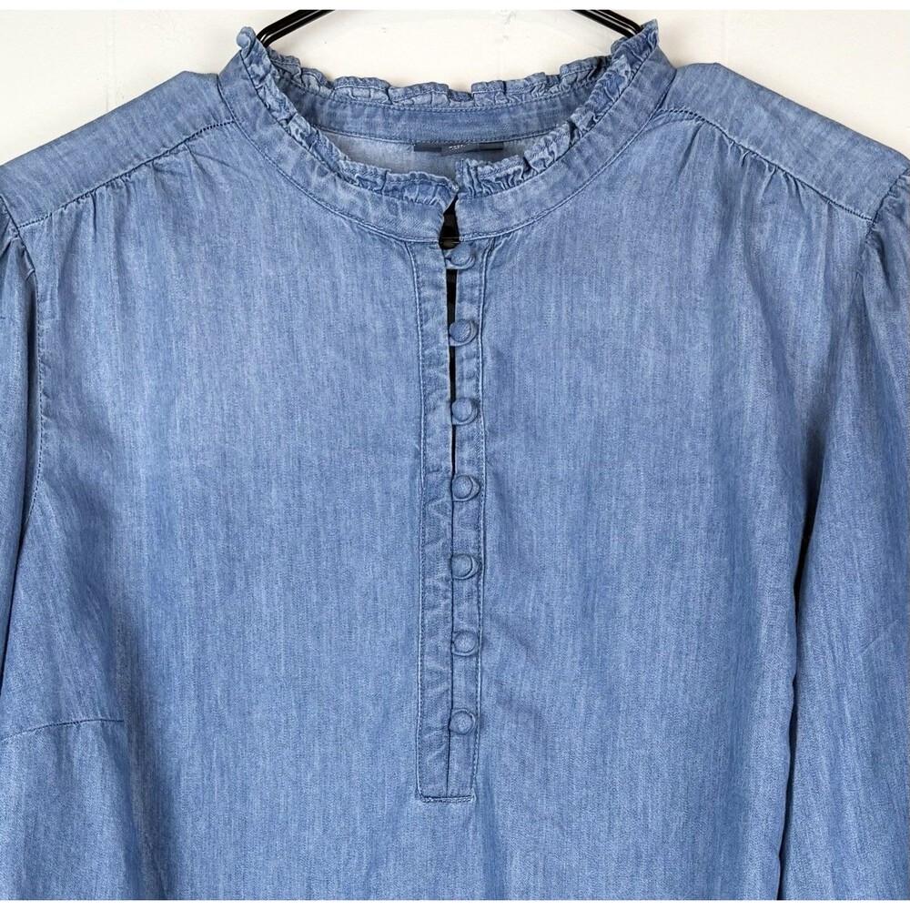 J Jill Denim Blouse XL Long Sleeve Cotton High Neck Office Career Chambray Blue - Picture 3 of 9